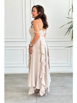 Askısı Inci Detaylı Eteği Fırfırlı Elbise