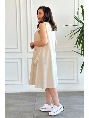 Askılı Yanları Cep Detaylı Keten Elbise
