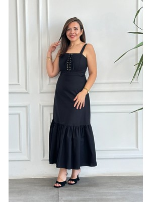 Önü Kuş Gözü Ip Detaylı Kalın Askılı Eteği Farbalı Elbise