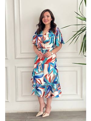 Kendinden Desenli Kruvaze Yaka Şifon Elbise