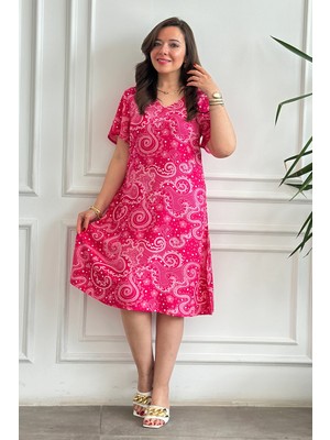 Melek Kol V Yaka Desenli Viscon Elbise