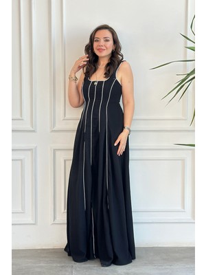 Kolsuz Çizgi Detaylı Keten Uzun Elbise