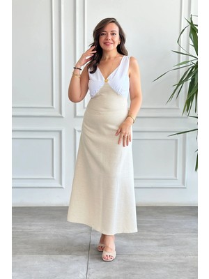 Önü ve Arkası V Yaka Kalın Askılı Keten Elbise