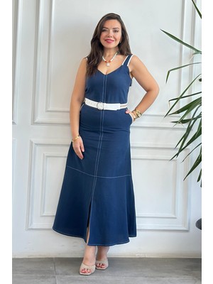 Kalın Askılı Kendinden Kemerli Keten Elbise