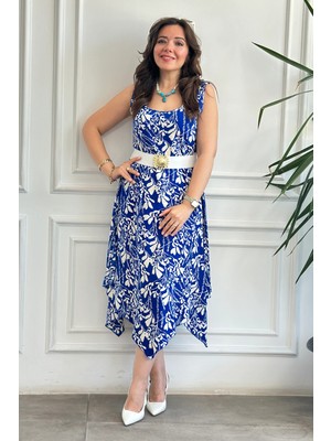 Asimetrik Kesim Desenli Kolsuz Viskon Elbise