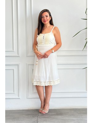 Ip Askılı Etek Ucu Dantelli Elbise