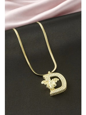 Bijuteri Net Arı Zirkon Taşlı Sarı Renkli Harfli Çelik Kolye