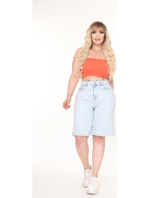 Zeo Basic Kadın Büyük Beden Likralı Uzun Bermuda Kot Şort Midi Boy Buz Mavi