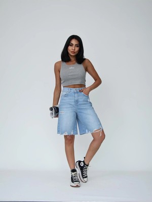 Zeo Basic Kadın Uzun Bermuda Kot Şort Yırtık Detaylı Midi Boy Açık Fresh Mavi