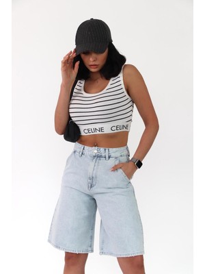 Zeo Basic Kadın Midi Boy Açık Buz Mavi Kot Rengi Bermuda Şort