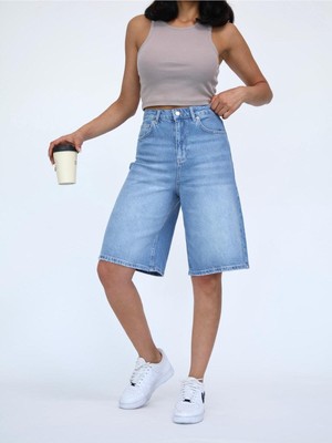 Zeo Basic Kadın Midi Boy Orta Mavi Likralı Kot Şort