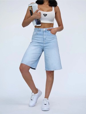 Zeo Basic Kadın Midi Boy Açık Mavi Likralı Jean Şort