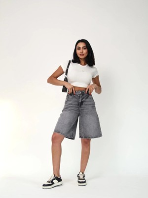 Zeo Basic Grey Ice Wash Bermuda Şort