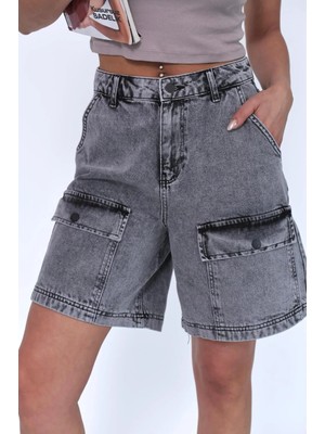 Zeo Basic Kargo Cepli Füme Wash Bermuda Şort