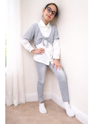 Gamze Akkuş Rosy Gard Taş Detaylı, Kelebek Baskılı Pamuk Gömlek, Taş Detaylı Kot Pantolon ve Bolero 3'lü Kız Çocuk Takım