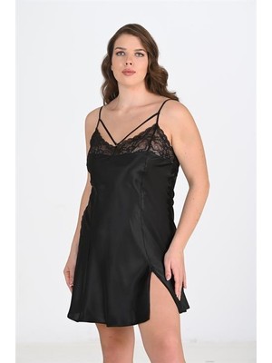 Pileli Store  Premium Büyük Beden Saten Dantel Işlemeli Siyah Gecelik Bigsize