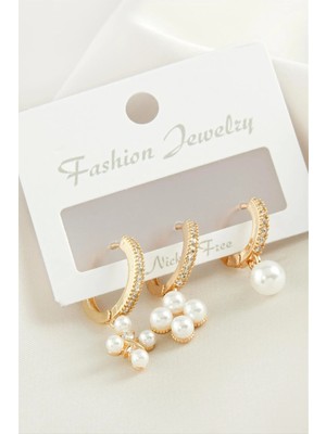 Pileli Store 3 Adet Çiçek Inci Zirkon Taşlı Küpe