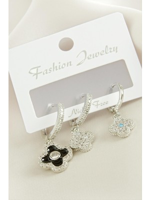 Pileli Store 3 Adet Çiçek Zirkon Taşlı Küpe