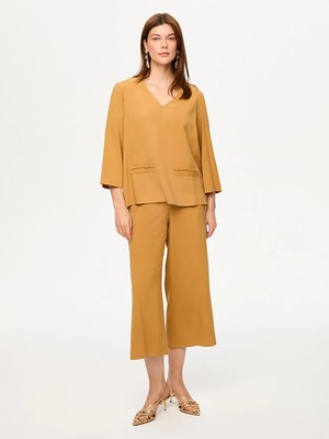 Faik Sönmez Cebi Püskül Detaylı V Yaka Uzun Kol Bluz S26BLZ034