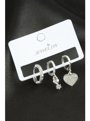 Pileli Store 3 Adet Kalp Zirkon Taşlı Küpe