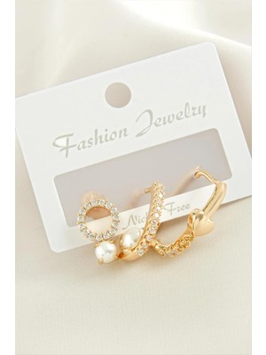 Pileli Store 3 Adet Kalp Inci Zirkon Taşlı Küpe