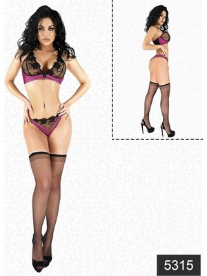 Pileli Store  Saten Dantelli Fantazi Çorap Sütyen Tanga Set