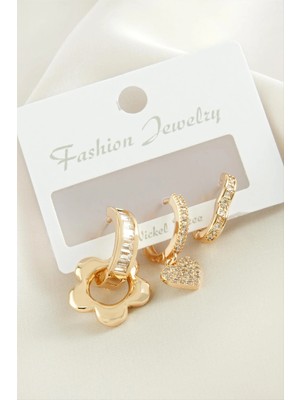 Pileli Store 3 Adet Çiçek Zirkon Taşlı Küpe