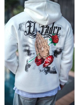 Pusula Sepeti Üç Iplik Penye Kapşonlu Baskılı Sweatshirt - Beyaz