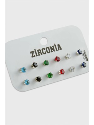 Pileli Store 12 Adet Renkli Zirkon Tek Taşlı Küpe