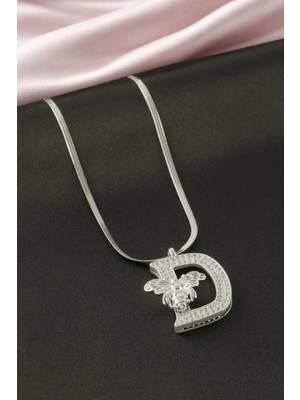 Bijuteri Net Arı Zirkon Taşlı Gümüş Renkli Harfli Çelik Kolye