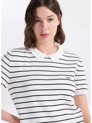 Jeep Polo Yaka Relaxed Çizgili Siyah - Beyaz Kadın Kazak J6SL-KZK7162