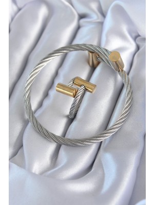 Inure Jewelry 316L Çelik Gümüş Renk Gold Detay Sarmal Model Erkek Bileklik Yüzük Kombini