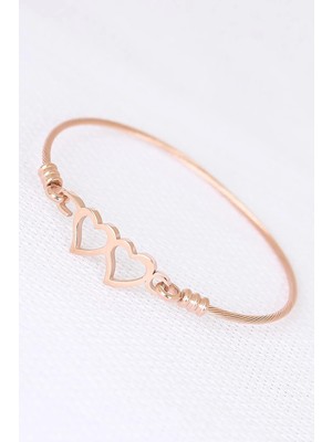 Inure Jewelry Rose Çelik Çift Kalp Figürlü Erkek Kelepçe Bileklik