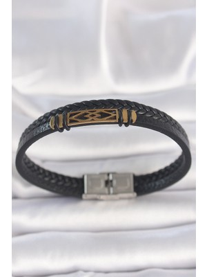 Inure Jewelry 316L Çelik Gold Renk Aksesuarlı Çift Sıra Siyah Burgu Desenli Deri Kordon Erkek Bileklik