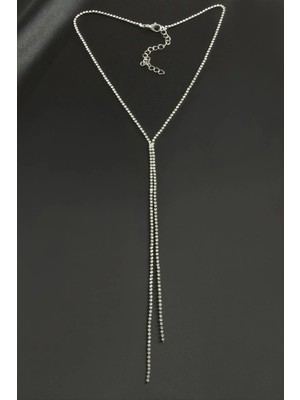 Pileli Store Çift Şerit Taşlı Çelik Kolye 2 mm