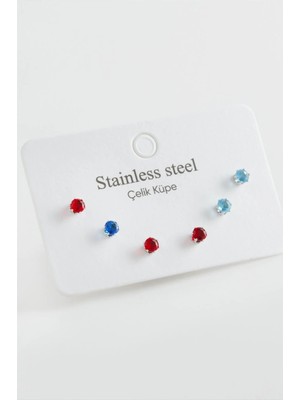 Pileli Store 6 Adet Yuvarlak Zirkon Tek Taşlı Çelik Küpe