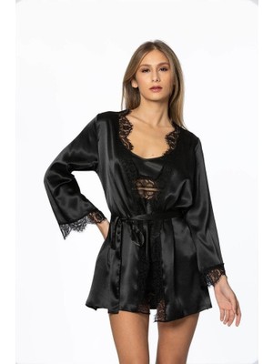 Pierre Cardin Saten 3lü Kimono Şort Takımı 2490 Siyah