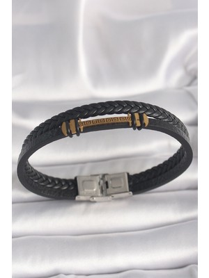 Inure Jewelry 316L Çelik Gold Renk ZikZak İşlemeli Aksesuarlı Çift Sıra Burgu Desenli Deri Kordon Erkek Bileklik