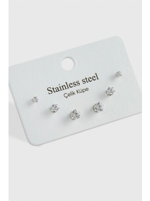 Pileli Store 6 Adet Zirkon Tek Taşlı Çelik Küpe