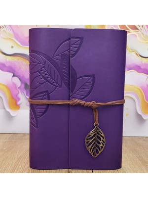 Pileli Store Yaprak Desenli Çizgisiz Deri Defter Mor