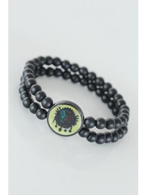 Inure Jewelry Sarı Renkli Metal Üzerine Osmanlı Arma Figürlü Siyah Renk Çift Sıra Doğal Taş Erkek Bileklik