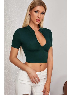 Marsilyan Kadın Yeşil Yarım Fermuarlı ve Kısa Kollu Crop Top Bluz