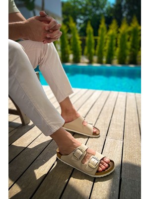 Zerenyus ZRC01 - Yazlık Premium Tokalı Erkek Hakiki Deri Terlik Bej