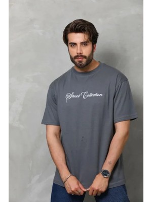 Hobilinka Erkek Baskılı T-Shirt Kısa Kol Bisiklet Yaka Regular Fit Rahat Kalıp Günlük Tişört - Füme