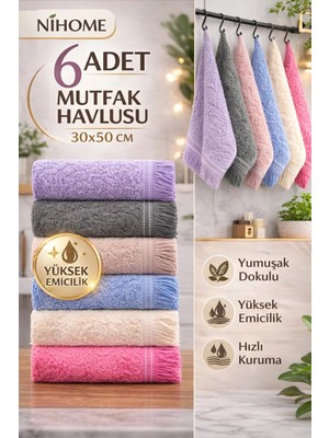 6 Adet Mutfak Havlusu 30X50 cm | Kurulama Bezi | Sepette | Pamuk El Havlusu Seti | 6 Renk