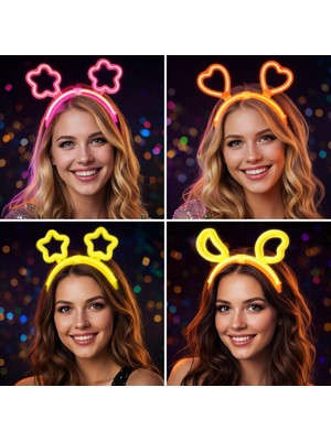 Pileli Store Karanlıkta Parlayan Glow Taç Seti 12 Adet – Yıldız Kalp Ay Çiçek (Her Model 3 Adet)