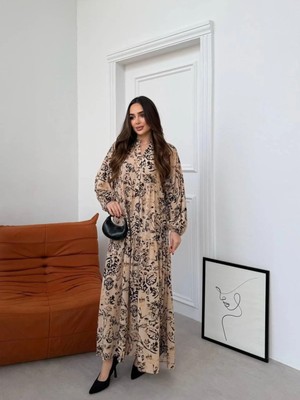 Bej-Siyah Desenli Geniş Kalıp Bohem Elbise