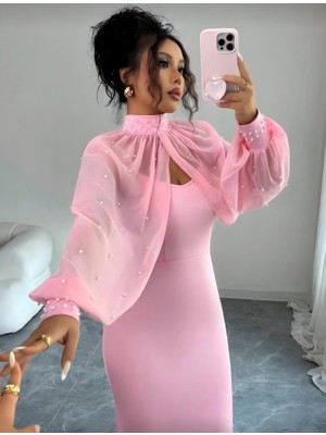 İlk El Grup Ieg™ Kadın Balıkçı Yaka Inci ve Tül Detay Dalgıç Kumaş Maxi Boy Elbise