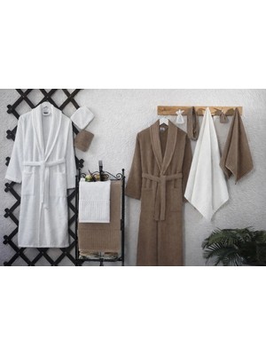 Elmas Home Zarafet 15 Parça Kadife Bornoz Seti Çift Kişilik | Luxury Gift Set | Çeyizlik Aile Banyo Seti Kahve-Krem