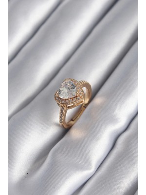 Pileli Store Pirinç Gold Renk Zirkon Taşlı Kalp Charm Model Kadın Yüzük